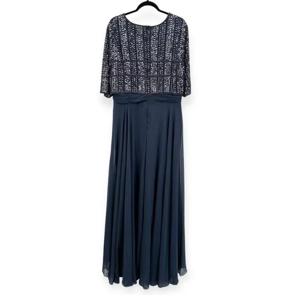 Mac Duggal NEW Chiffon Gown w/ Fully Beaded 3/4 Sleeve Top Navy $598 - Size 18 - Picture 9 of 13